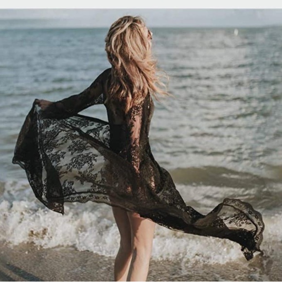 Gorgeous Long Black Lace Beach Robe Cover Up - Picture 6 of 16